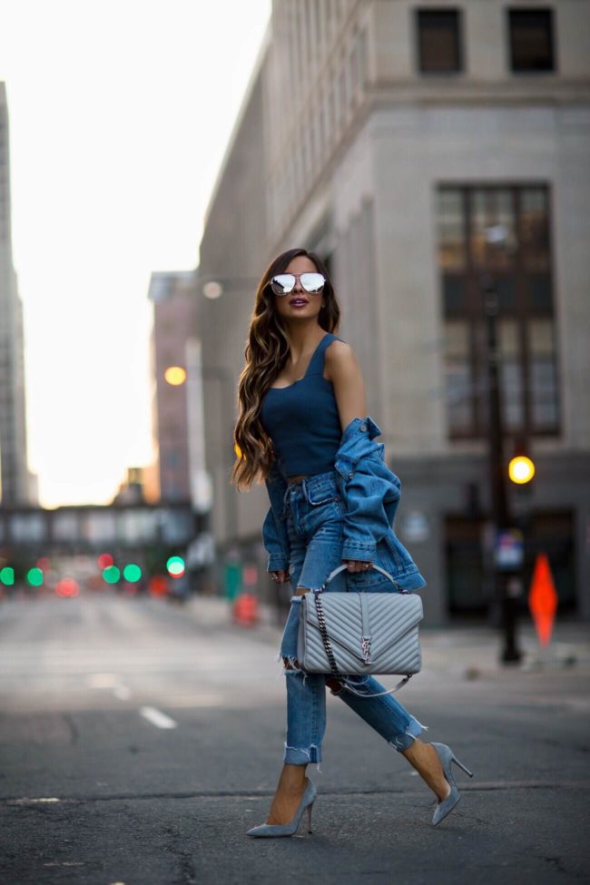 fashion blogger mia mia mine wearing gianvito rossi heels and a saint laurent college bag
