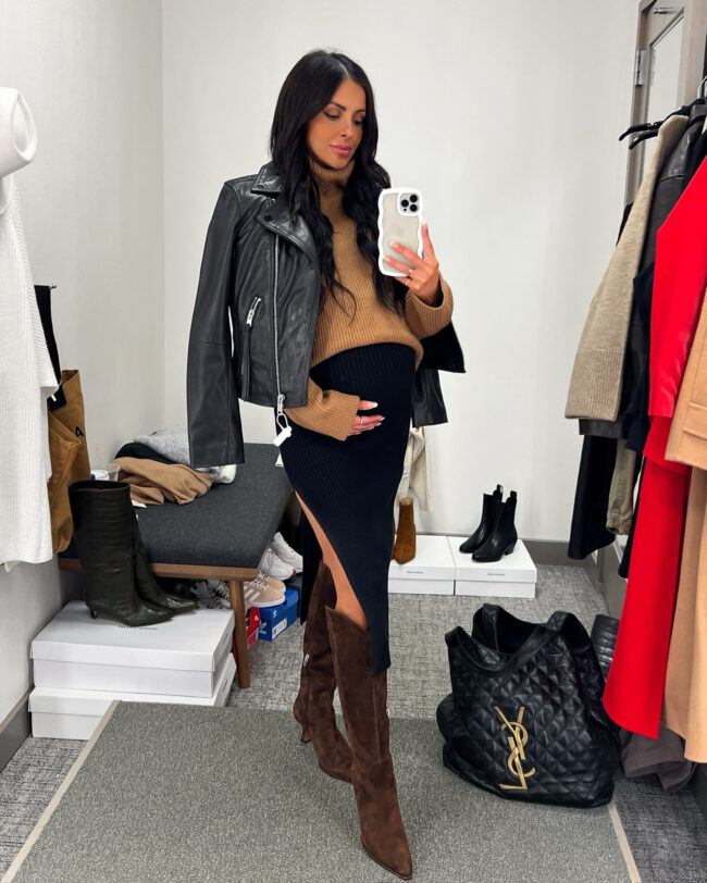 fashion blogger wearing an allsaints leather jacket and knee hight boots