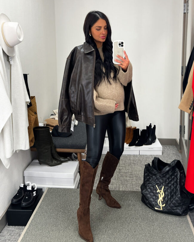 mia mia mine wearing dark brown knee-high boots from nordstrom